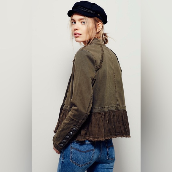 New Free People Flared Ruffle Hem Military Button Jacket Olive Army Green - Picture 5 of 12